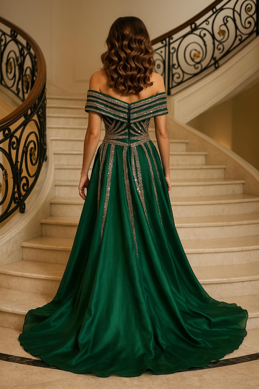 Vestido con Escote de Corazón, Hombros Descubiertos, Detalles de Cuentas, y Sobrefalda. Color Green