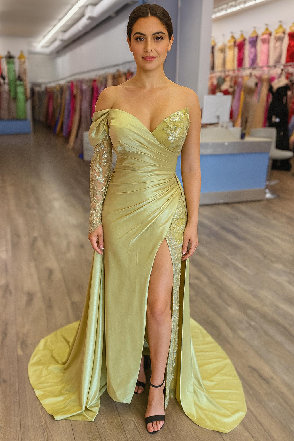 Vestido de Satén a un Hombro con Manga Larga, Escote en V, Cintura Fruncida y Abertura en la Pierna (Varios Colores)