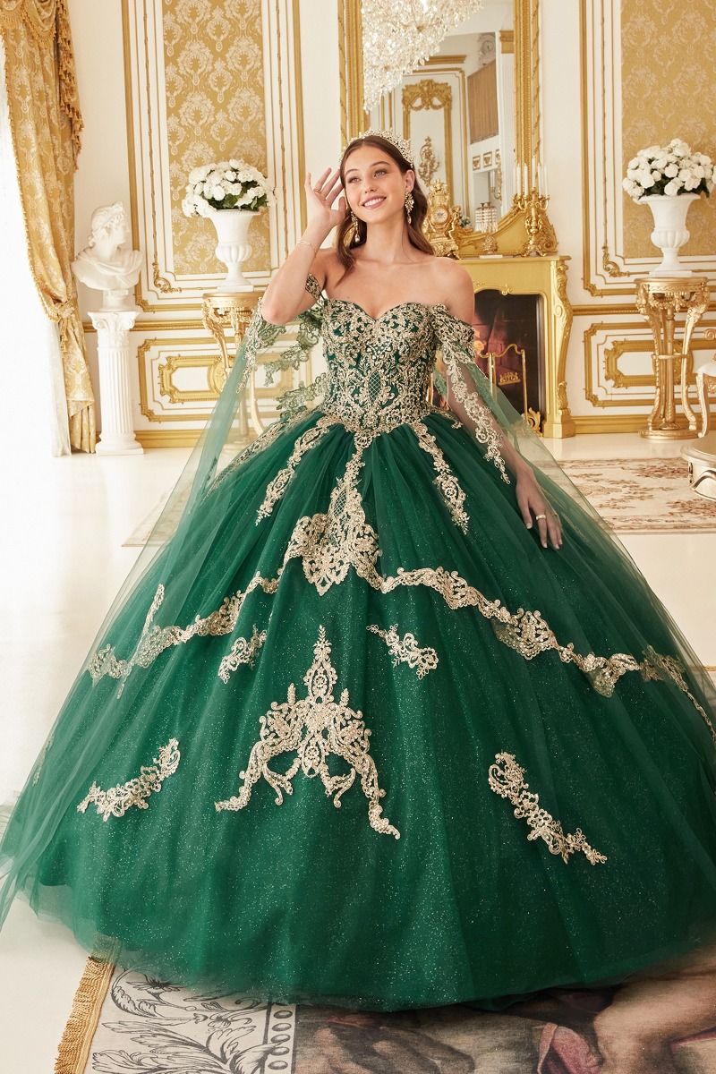 Vestido de Fiesta Tul Brillante en Capas con Aplicaciones en Encaje Dorado (varios colores)