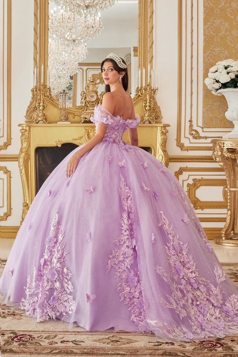 Vestido de Fiesta de Tul con Aplicaciones en Encaje y Brillos, Color Lavender y Lt Blue