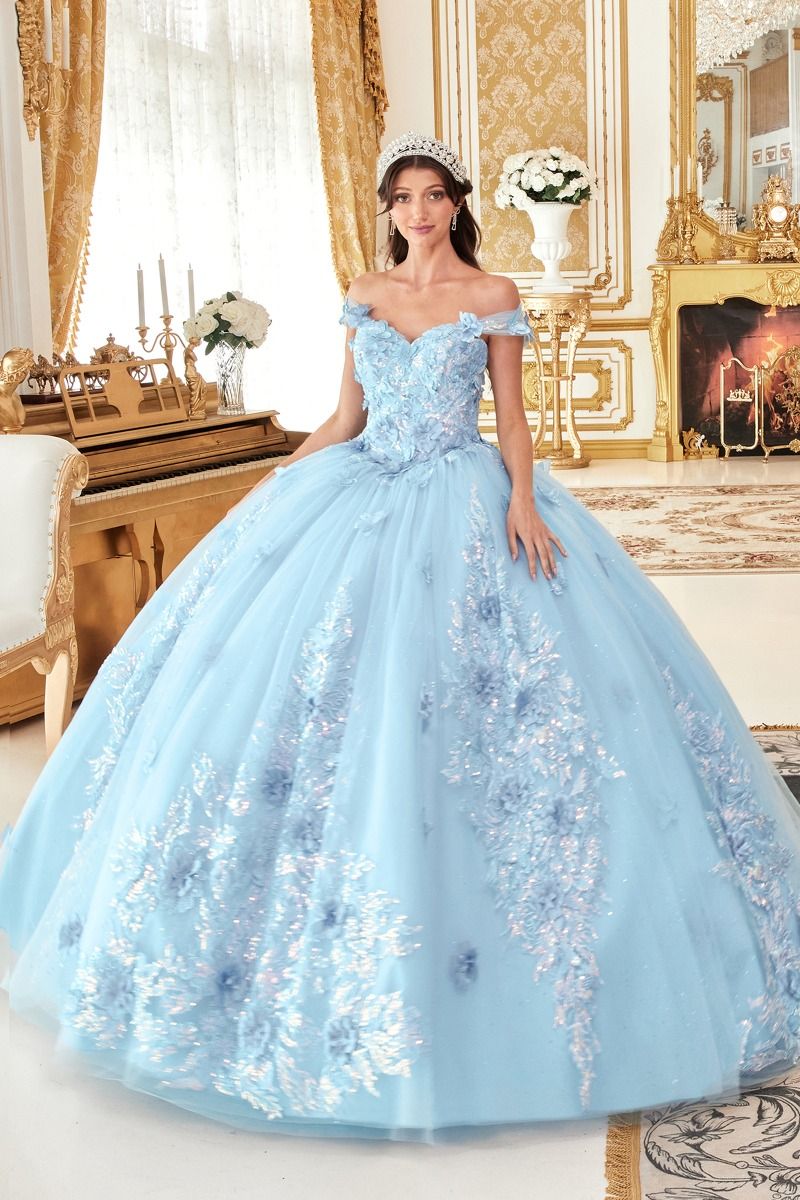 Vestido de Fiesta de Tul con Aplicaciones en Encaje y Brillos, Color Lavender y Lt Blue