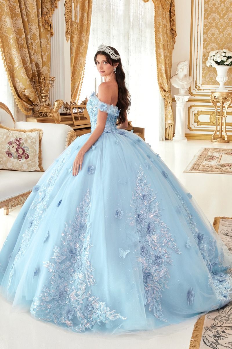 Vestido de Fiesta de Tul con Aplicaciones en Encaje y Brillos, Color Lavender y Lt Blue
