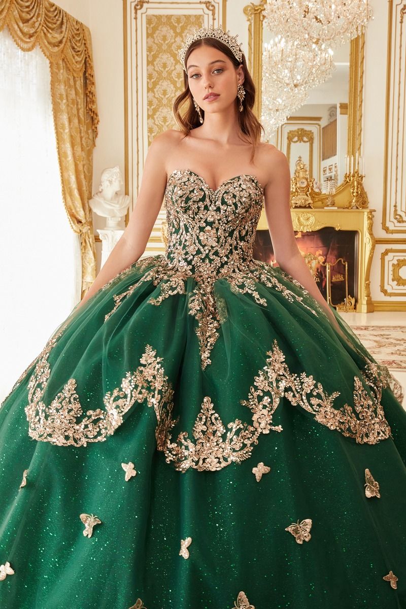 Vestido de Fiesta de Tul Brillante en Capas, con Intrincados Apliques de Encaje Floral, Color Emerald