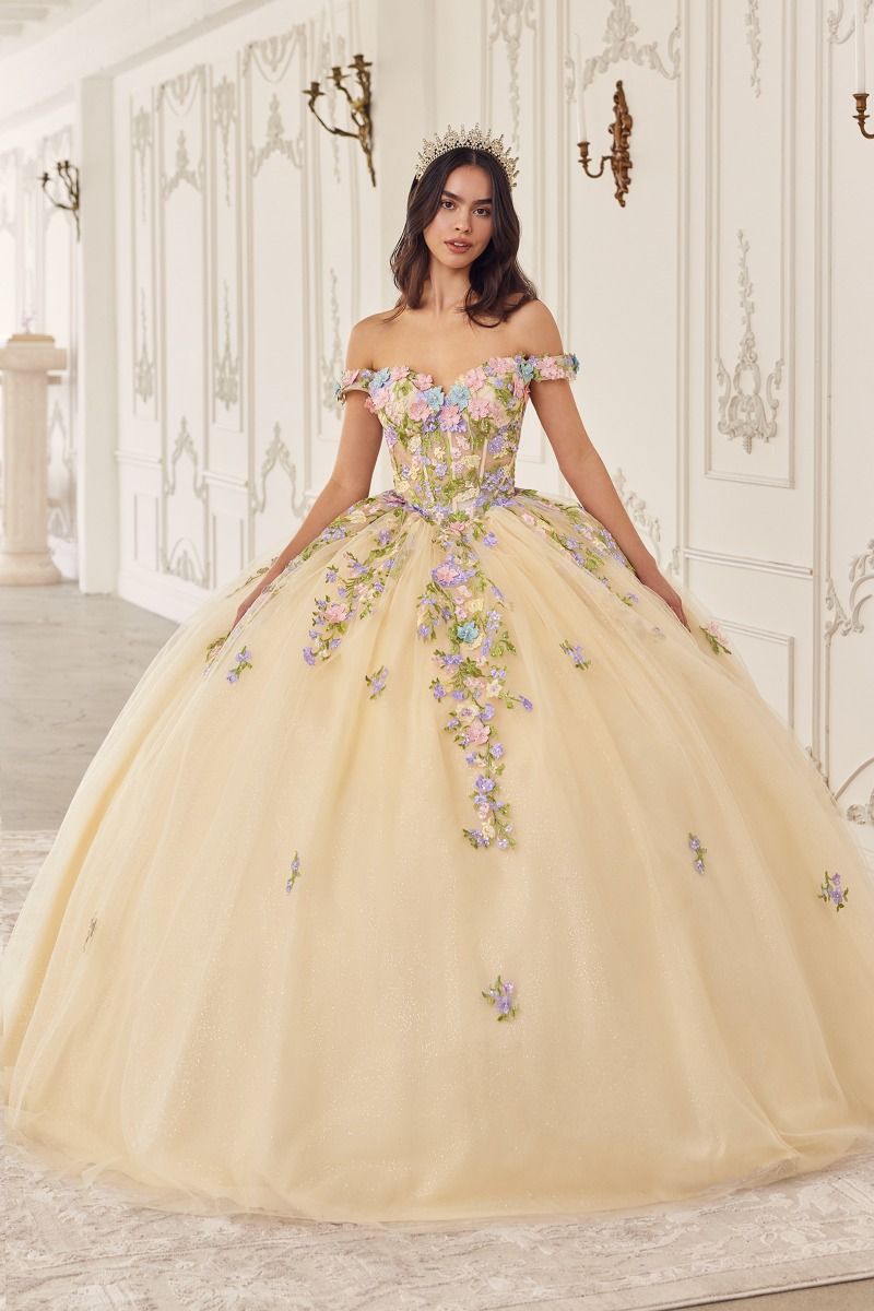 Vestido de Fiesta con Aplicaciones de Flores Color Champagne