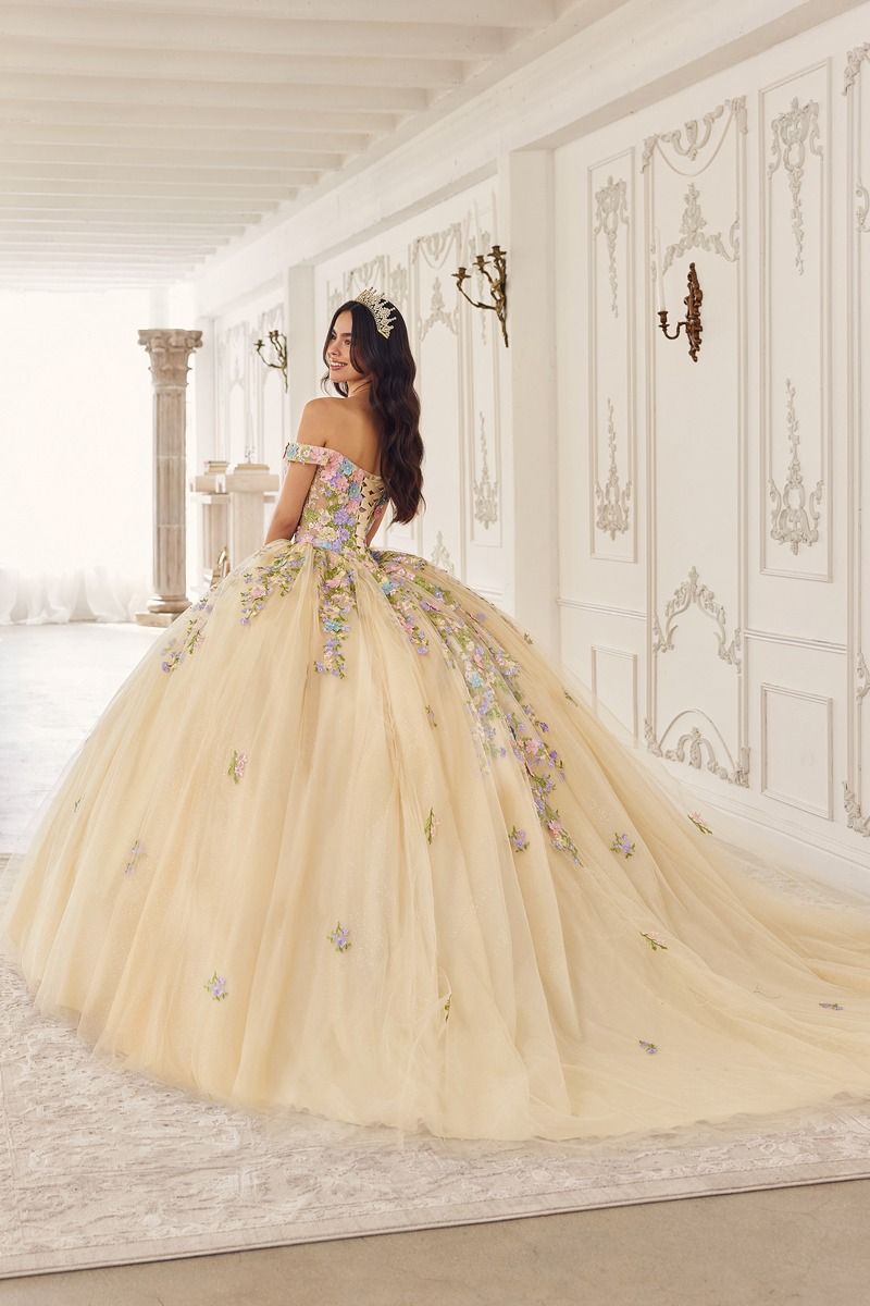 Vestido de Fiesta con Aplicaciones de Flores Color Champagne