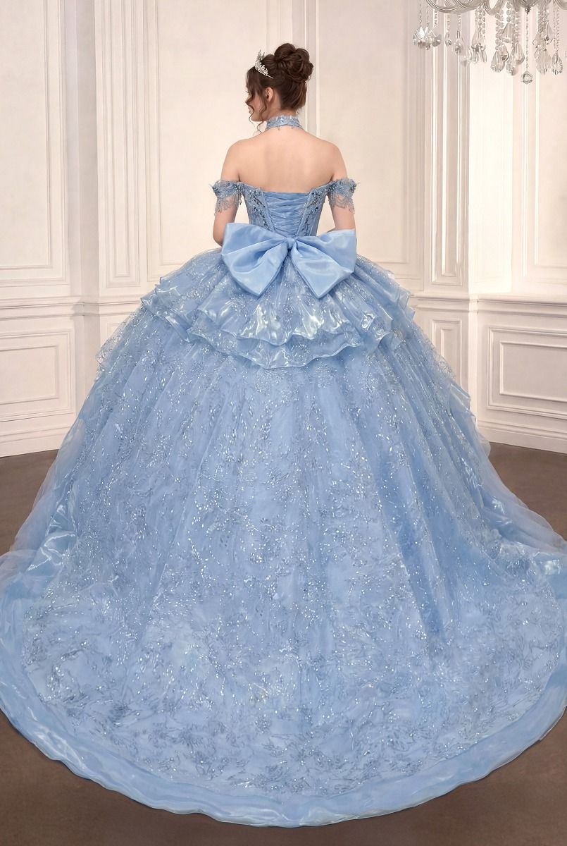 Vestido de Fiesta con Opción de Vestido Corto, de Mangas con Pedrería y Falda con Olanes, Color Lt Blue y Pink