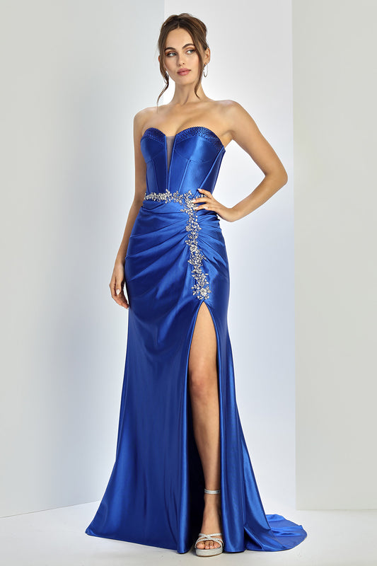 Vestido de Satén con Abertura en la pierna y con Decoraciones de Cristal (Varios Colores)