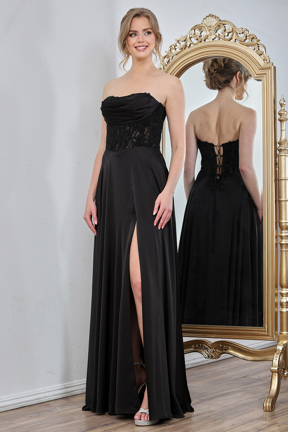 Vestido en A con Bordado en Corsé y Abertura en la Pierna (Varios Colores)
