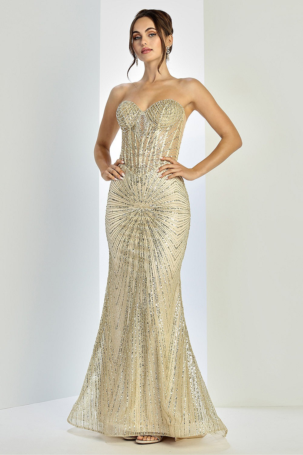 Vestido Corte Sirena con Detalles Brillosos sin hobros (Varios Colores)