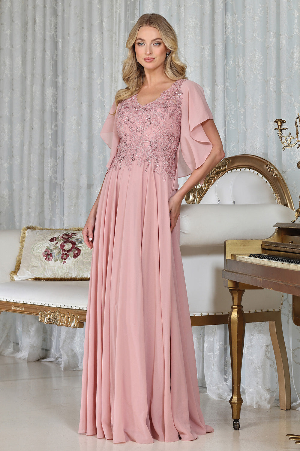 Vestido Corte en A, Escote Bordado en V con Manga (Varios Colores)