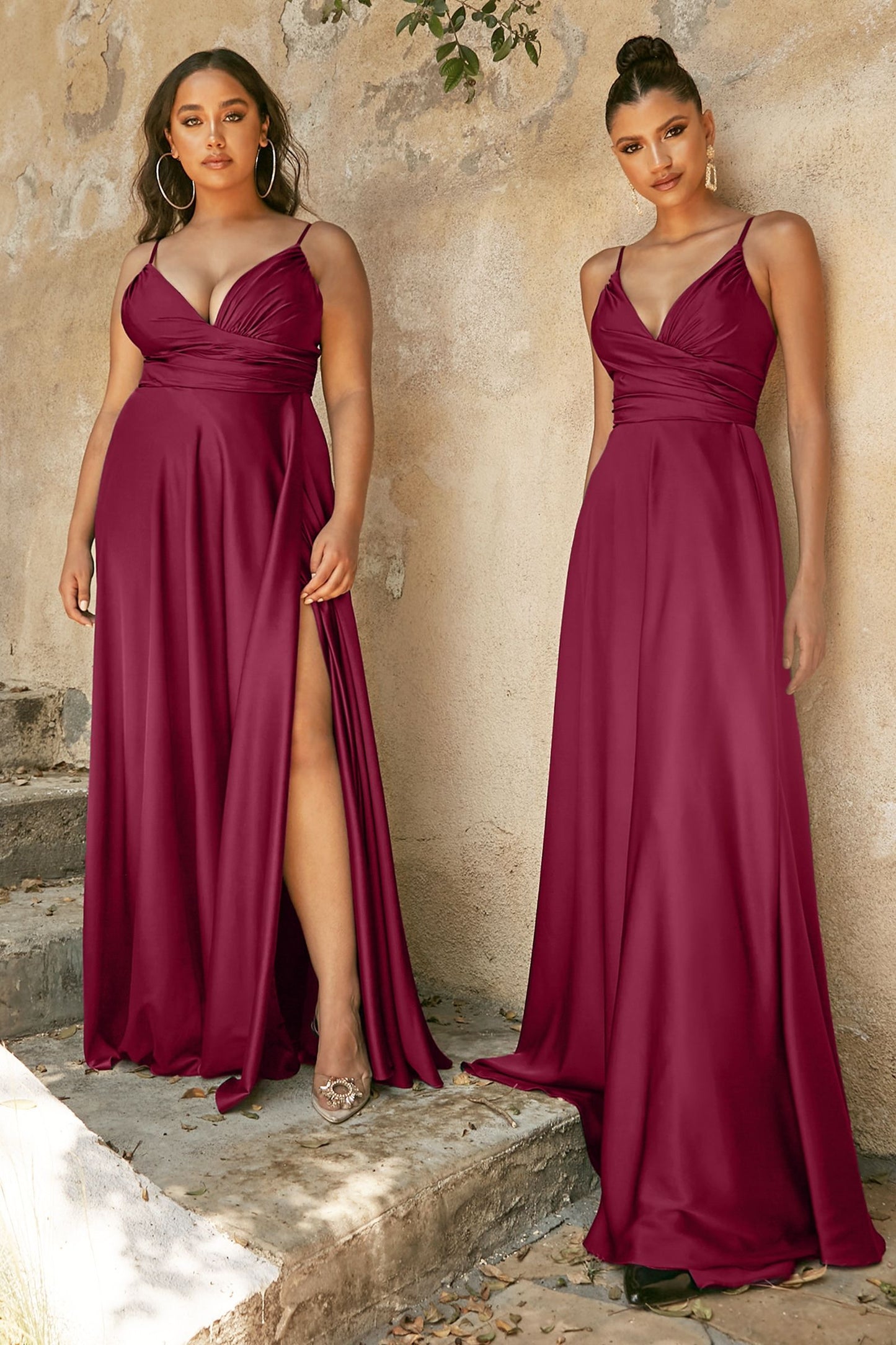 Vestido de dama de honor corte A con tela satinada con abertura en la pierna. (Curvy) (Varios Colores)
