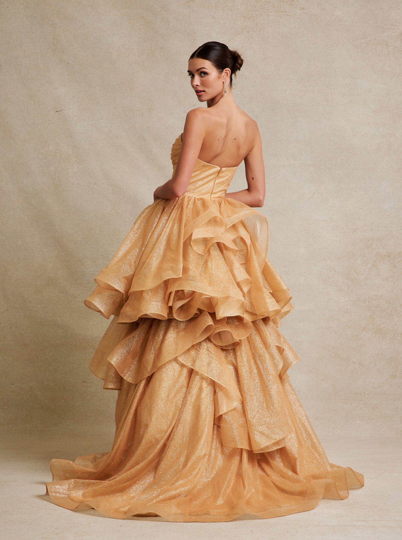 Vestido de Fiesta de Tul Brilloso con Falda Desmontable, Color Gold