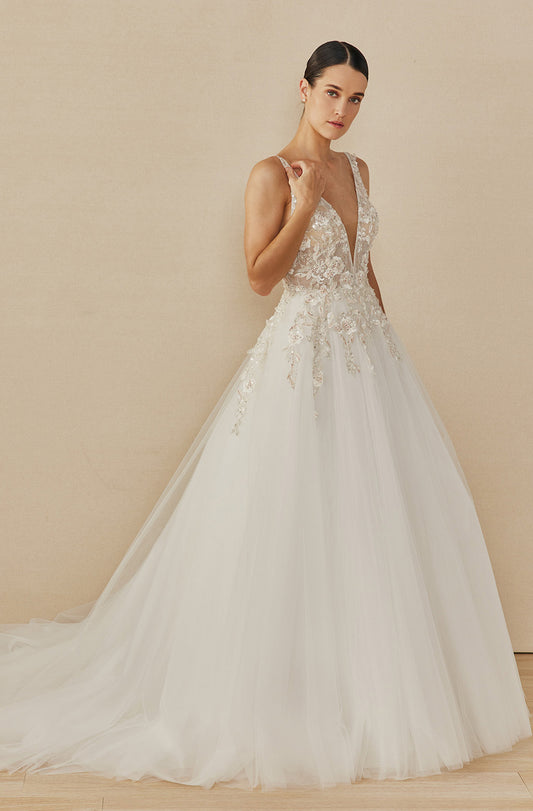 Vestido de Novia Sin Mangas, Cuello en V y Espalda Abierta.