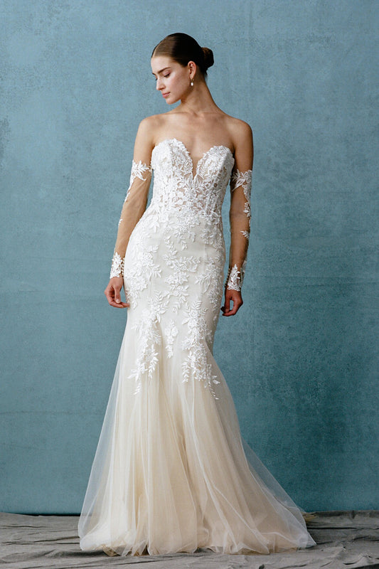 Vestido de Novia en Corte de Sirena con Mangas Extraibles.