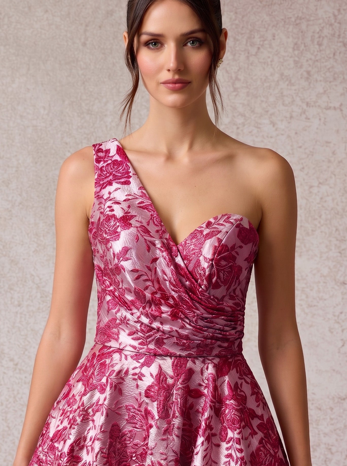 Vestido en Corte A de Jacquard Estampado a un Solo Hombro con Bolsillos Laterales, Color Magenta