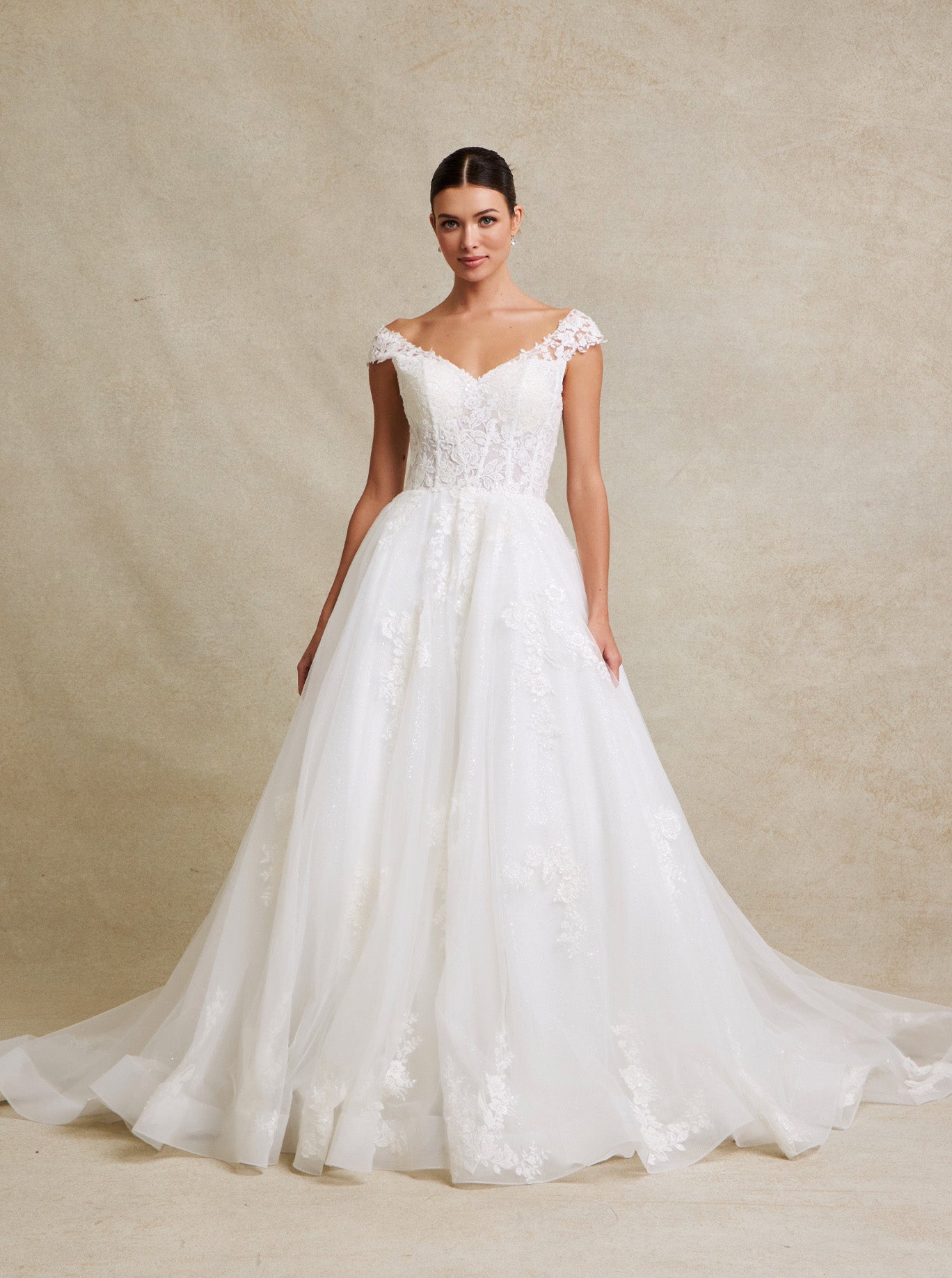 Vestido de Novia Corte en A de Tul con Brillo y Encaje Bordado con Lentejuelas Color Off White