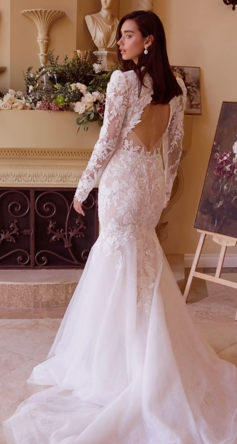 Vestido de Novia Corte Sirena de Encaje de Manga Larga Color Off White-Nude.