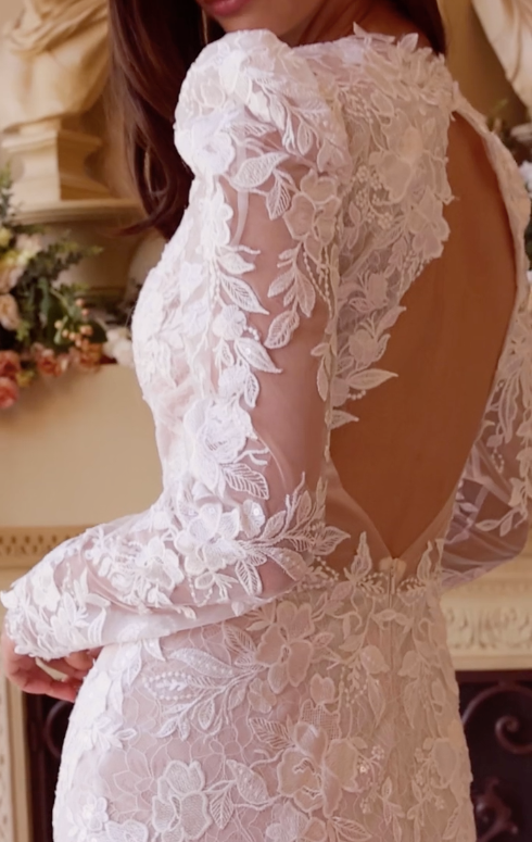 Vestido de Novia Corte Sirena de Encaje de Manga Larga Color Off White-Nude.