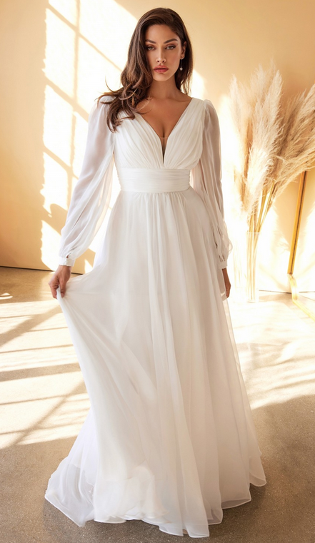 Vestido de novia de manga larga de chifon