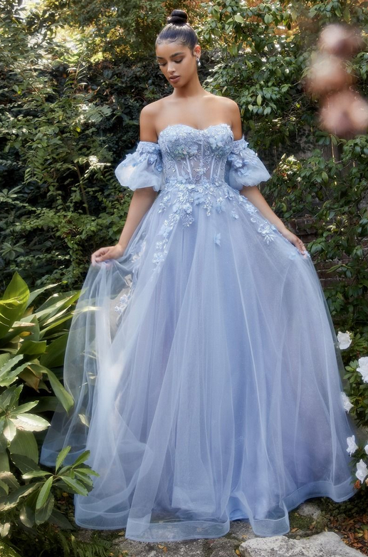 Vestido con Aplicaciones Florales tipo Corsé con Mangas Abullonadas