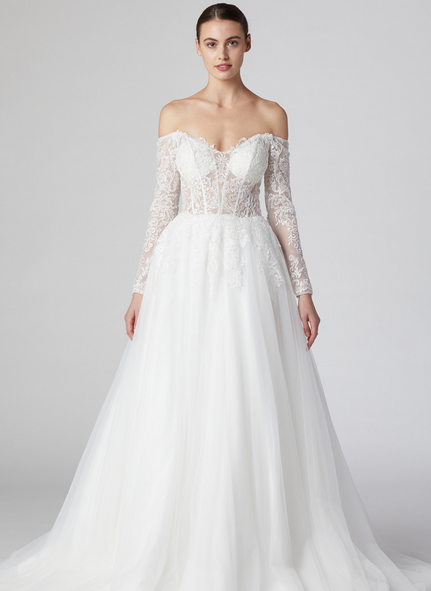 Vestido de Manga Larga, Hombros fuera y cuello en Forma de corazón.