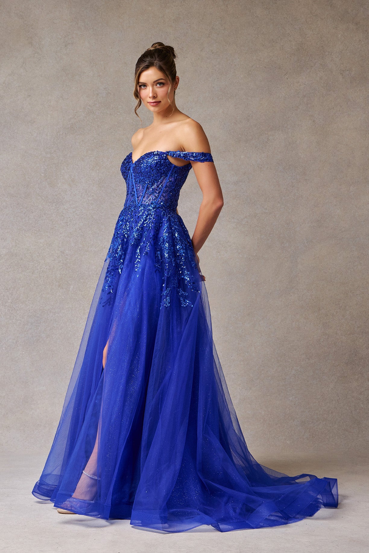 Vestido Línea A Hombros Caidos con Corse Color Royal