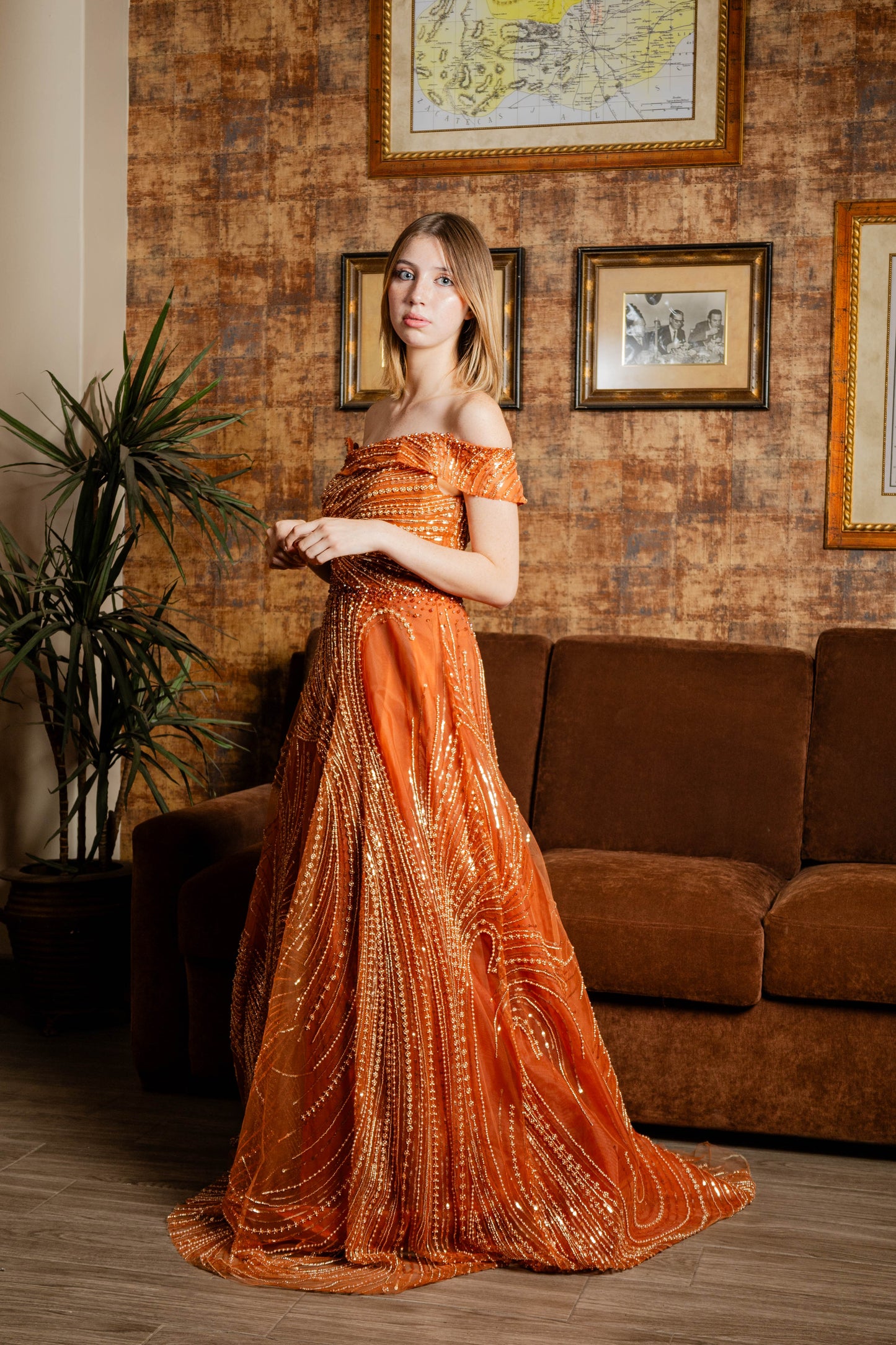 Vestido de Noche corte en A color Sienna con detalles en Plateado.