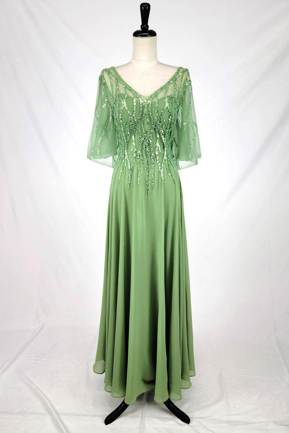 Vestido Largo con Escote en V Con Mangas Aplicaciones en Pedrería y Lentejuela (Varios Colores)