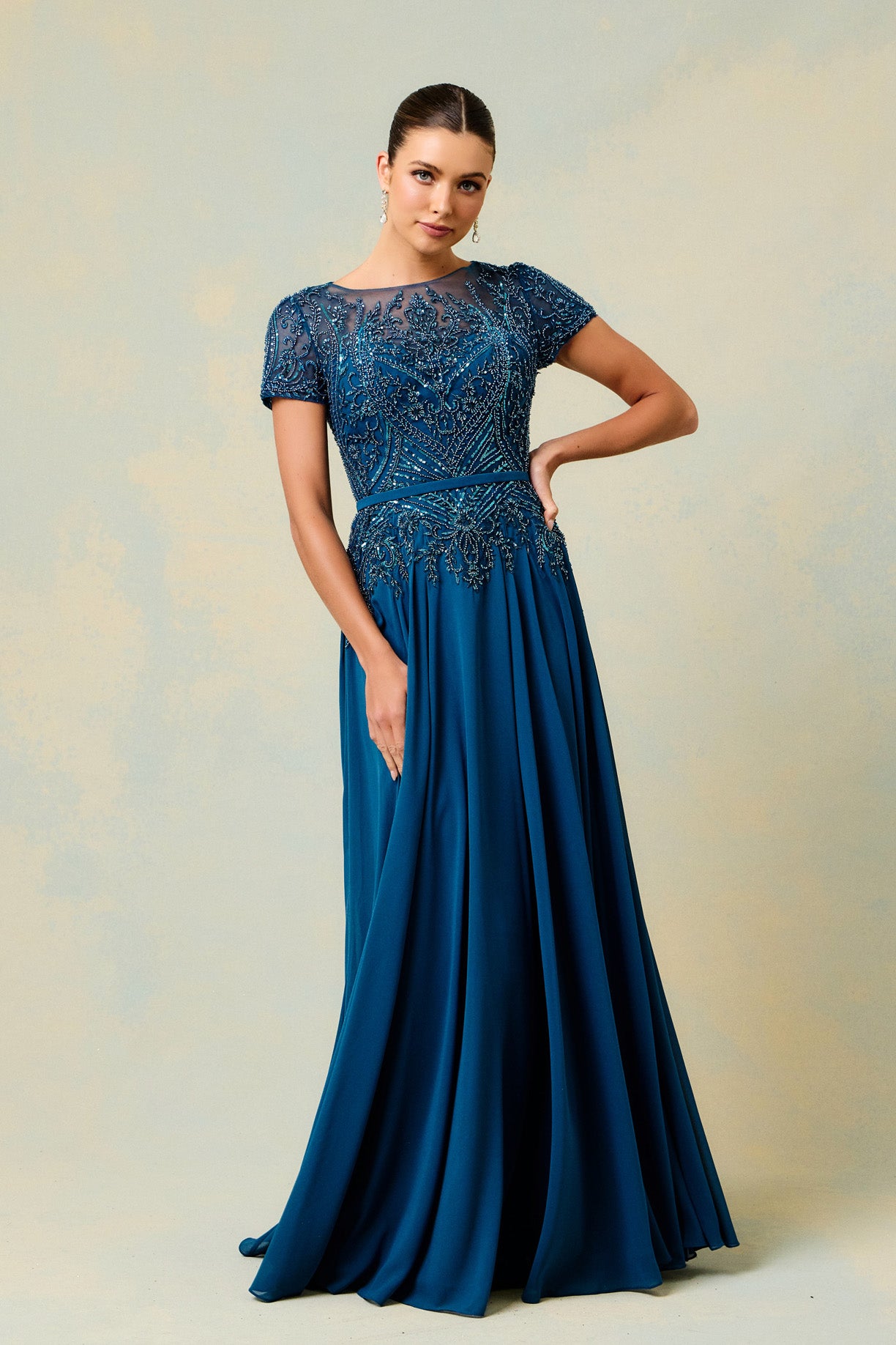 Vestido en Línea A Con Mangas Cortas Color Teal.