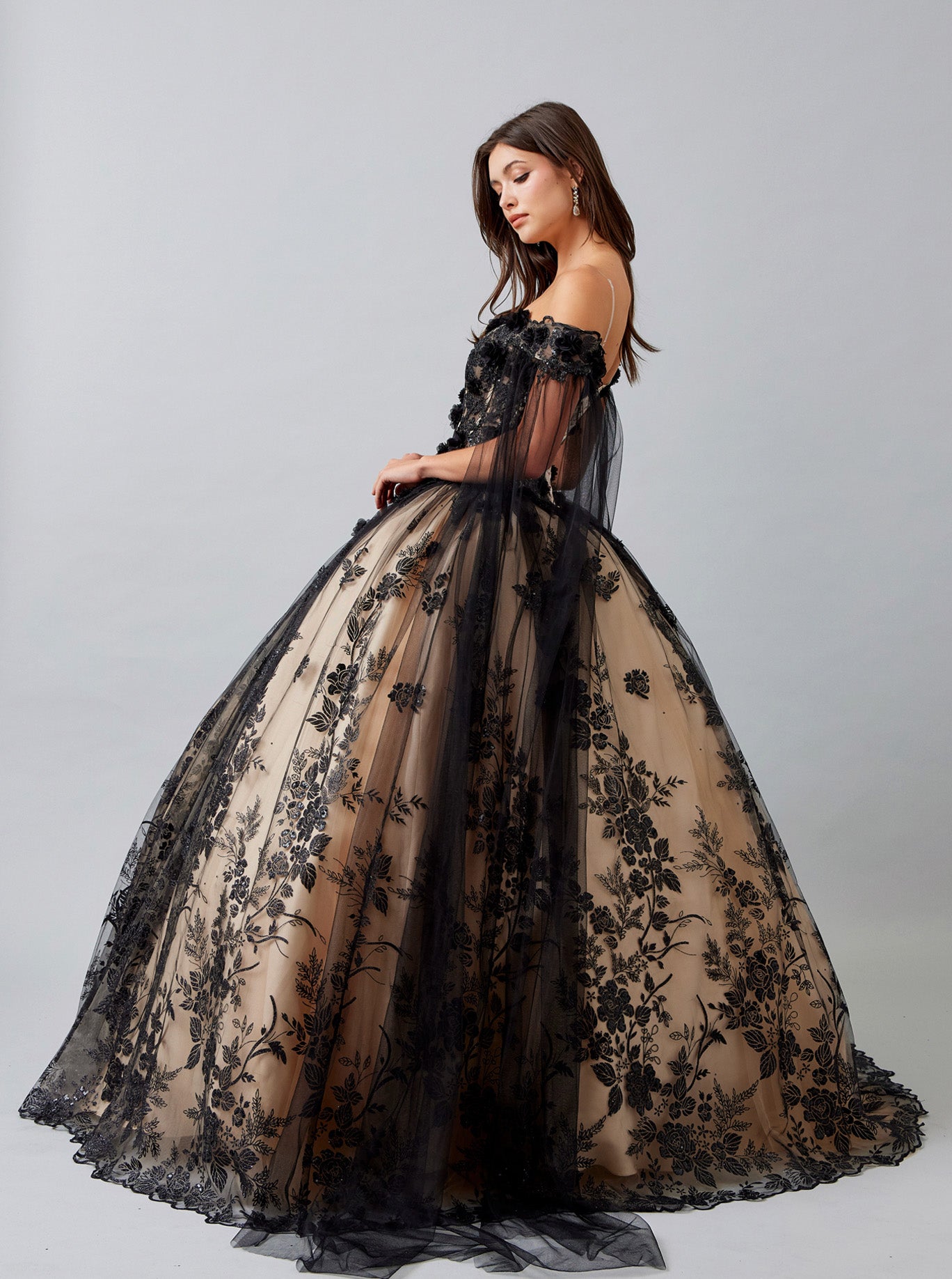 Vestido de Fiesta Con Manga Larga al Hombro de Tul Bordado con Brillos y Lentejuelas, Color Black Champagne