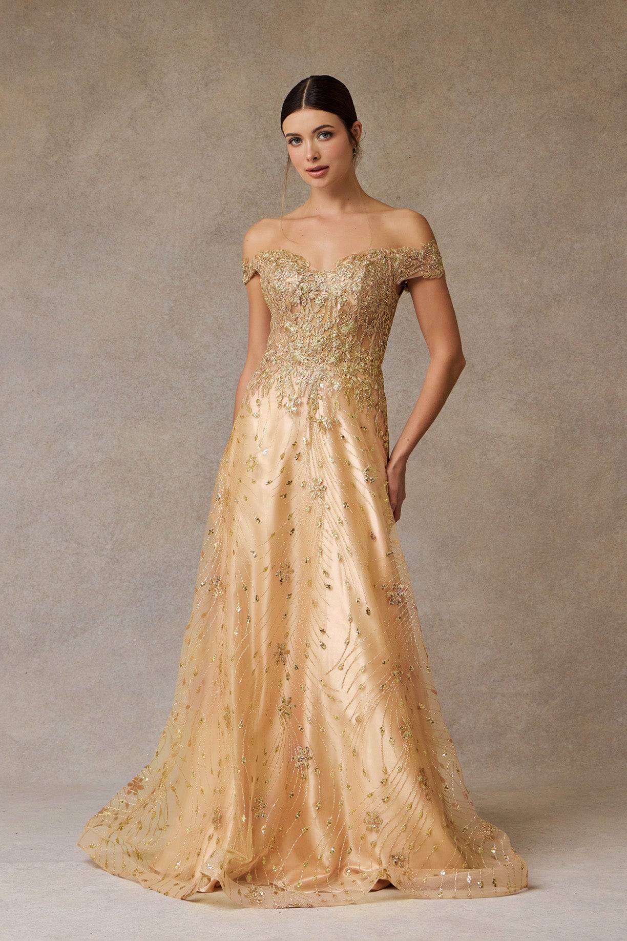 Vestido en Linea A Bordado con Encaje y Lentejuela al Hombro (Varios Colores)