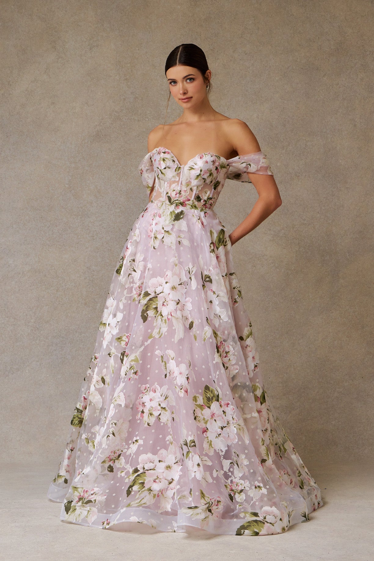 Vestido de Organza en Corte A con Hombros Descubiertos, Color Blush Print