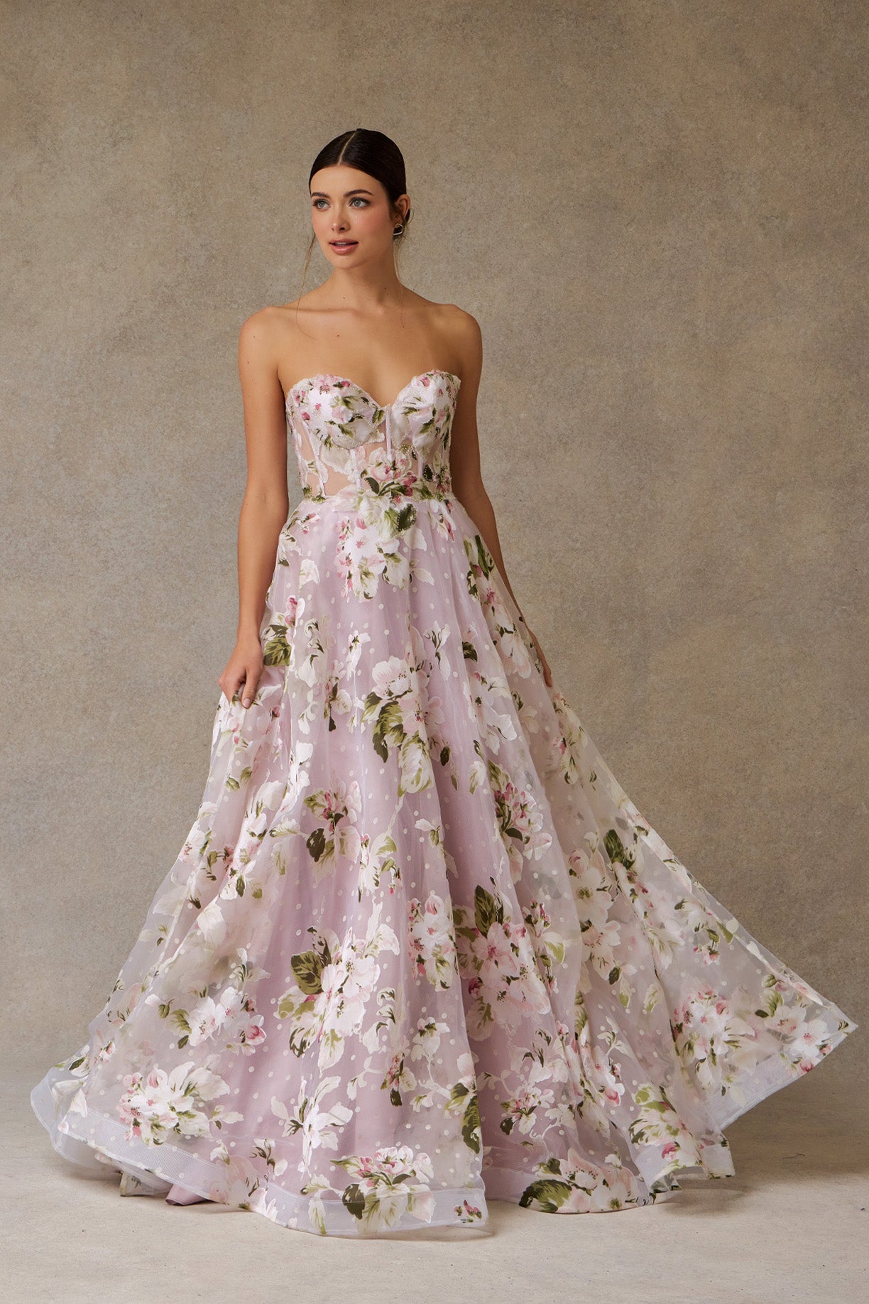 Vestido de Organza en Corte A con Hombros Descubiertos, Color Blush Print