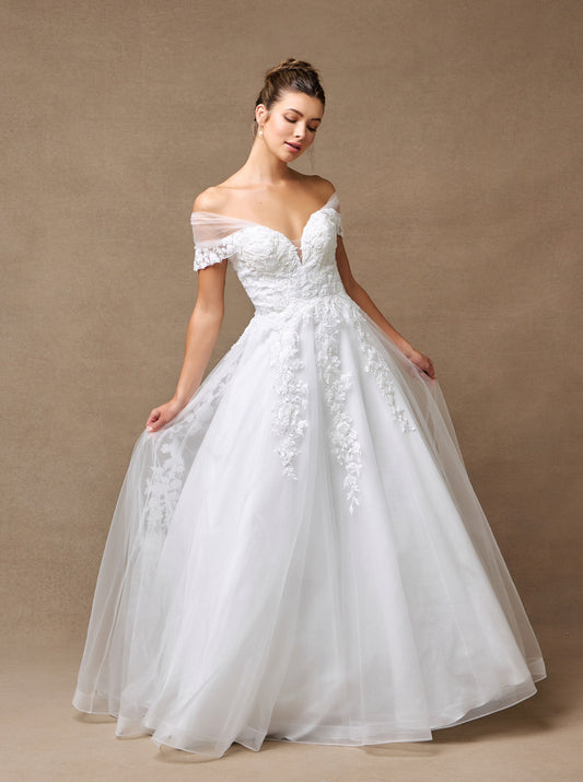 Vestido de Novia En Línea A Con Hombros Fuera Escote Corazón y Hombos de Fuera.