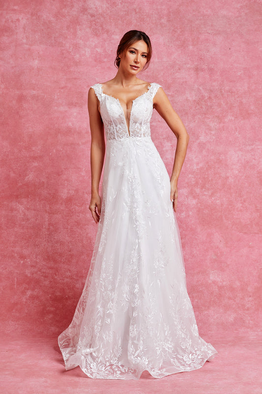 Vestido de Novia Sin Mangas con Cuello V.