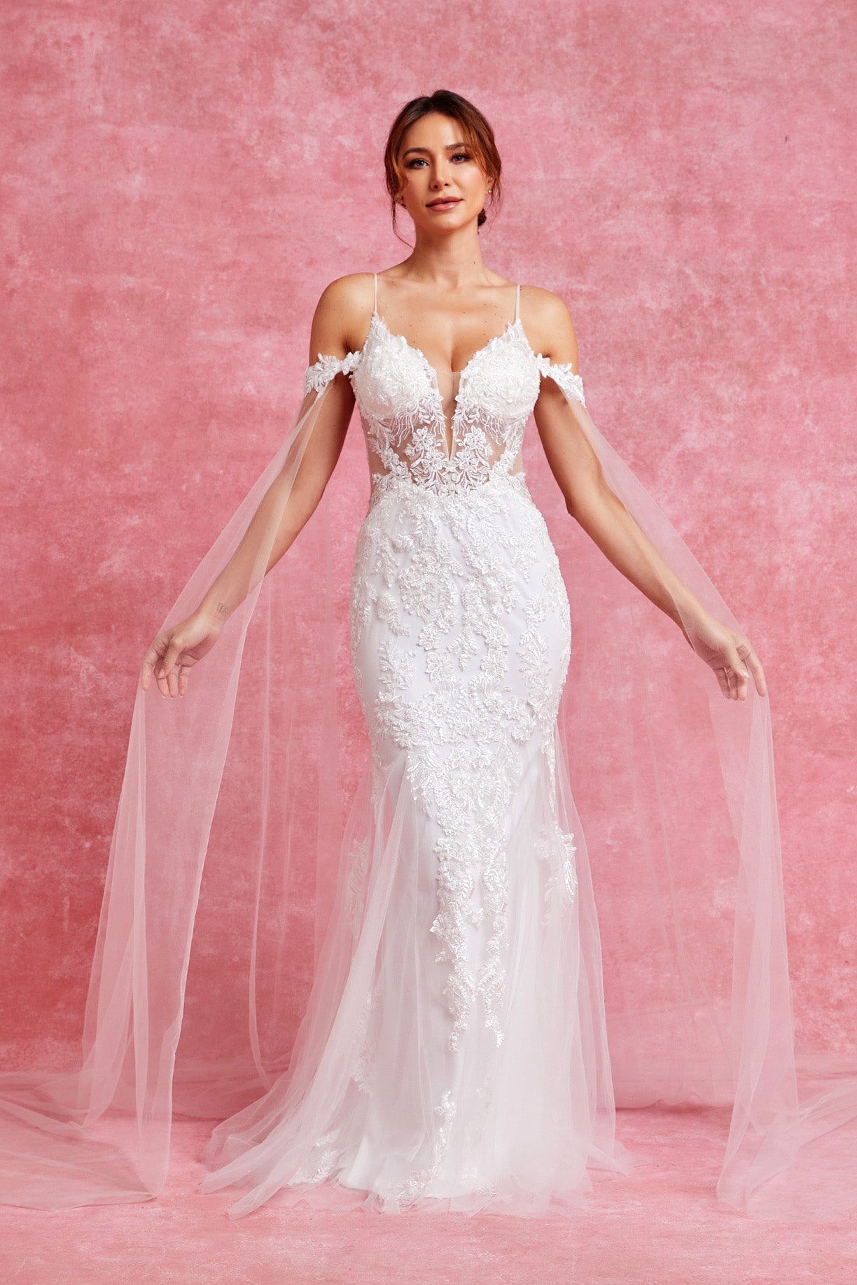 Vestido de Novia Recto de Encaje con Tirantes y Escote V