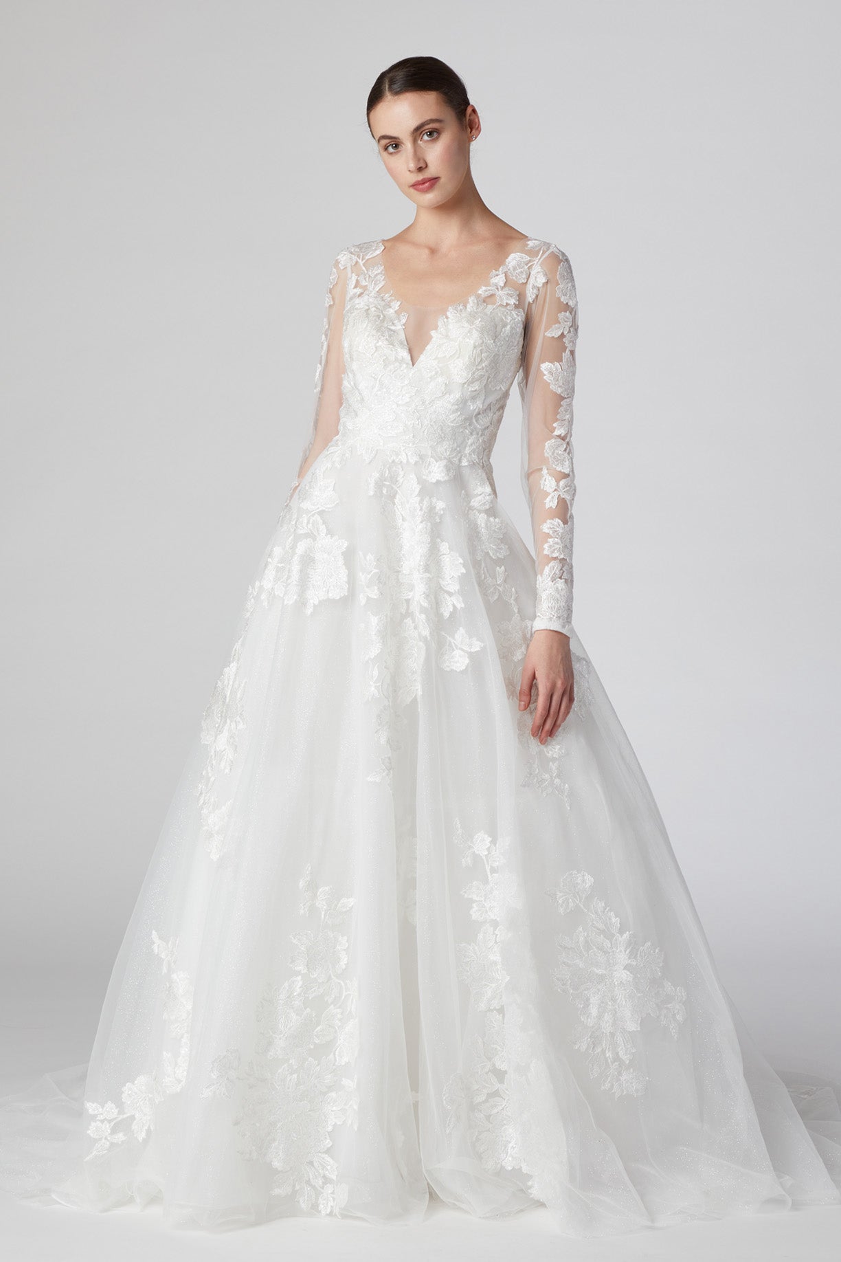 Vestido de Novia Línea A Con Mangas Largas Cuello V Color Off White