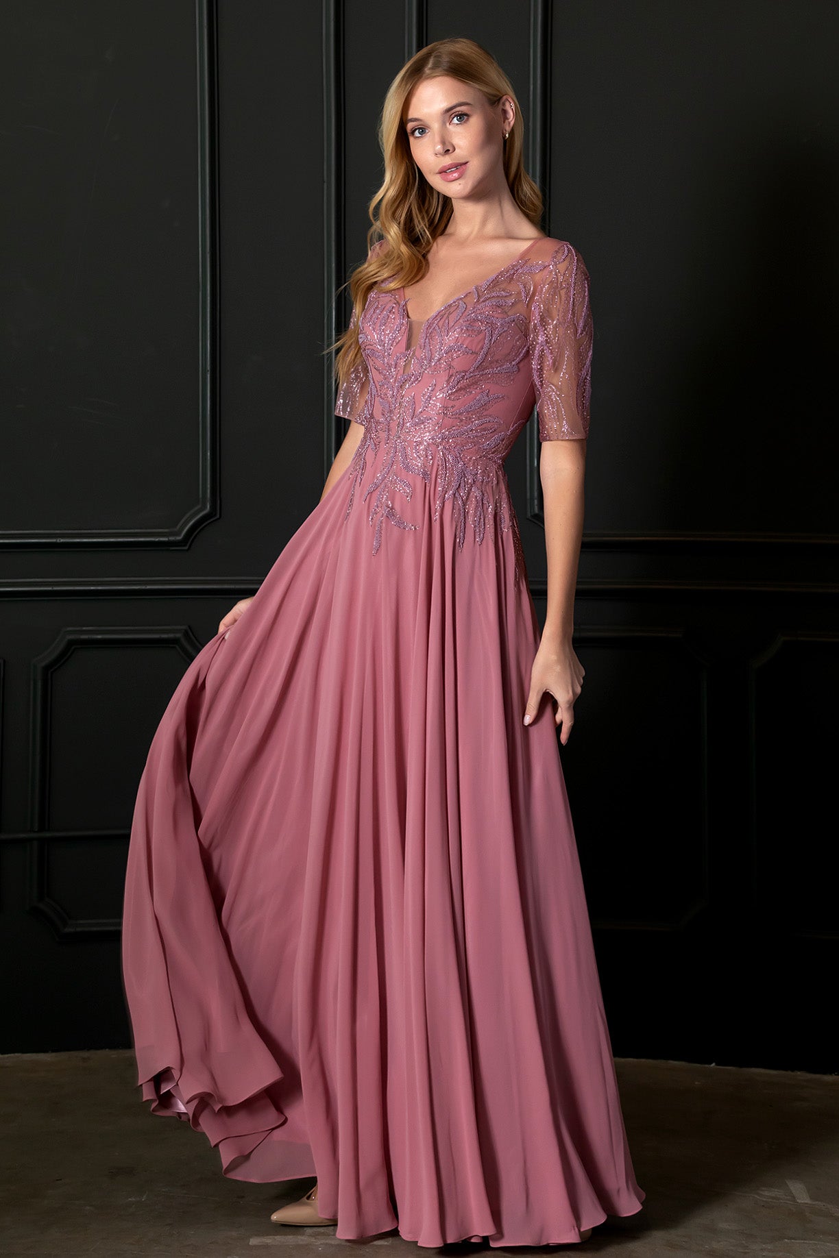 Vestido en Línea A Manga Corta, Cuello V (Dos Colores)