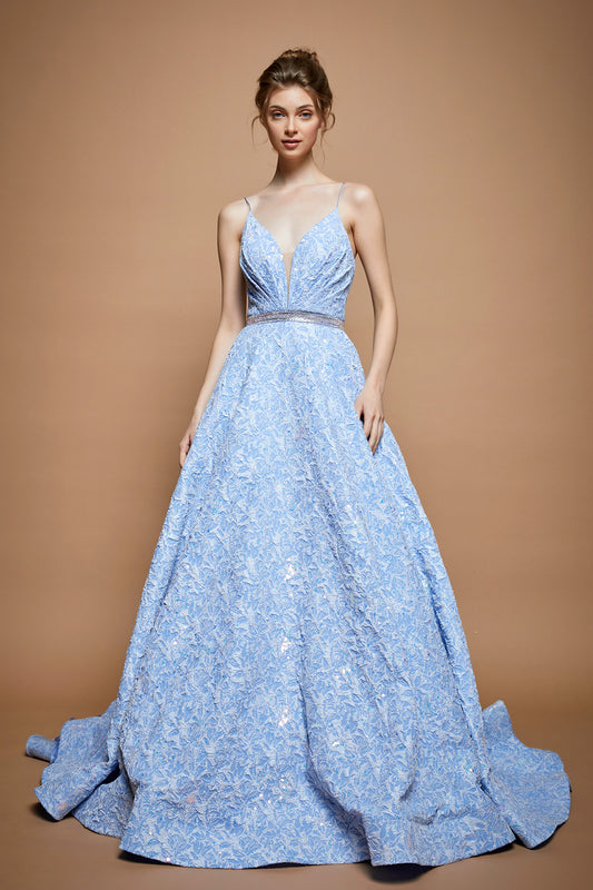 Vestido  Línea A con Cinturón Fijo Sin Mangas Con Cordones en la Espalda Color Ice Blue.