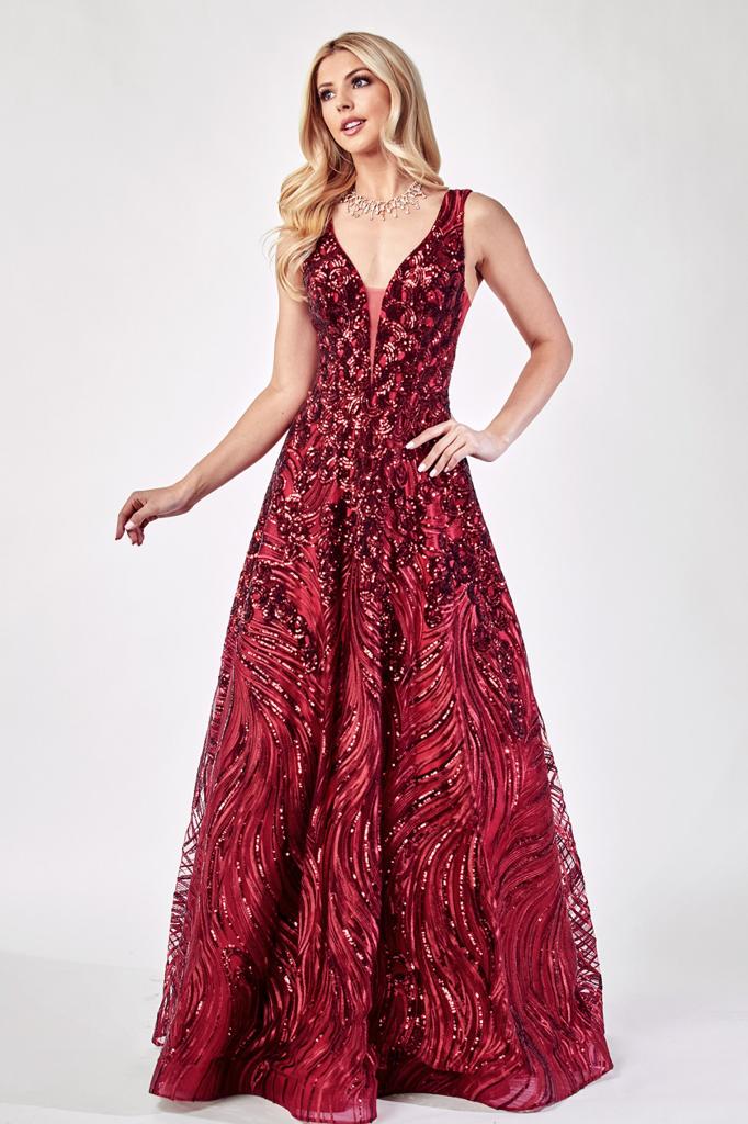 Vestido en corte A con encaje color Burgundy