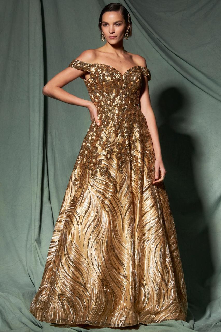 Vestido en línea A con Hombro Fuera, Escote de Corazón y Bolsillo Lateral Color Gold