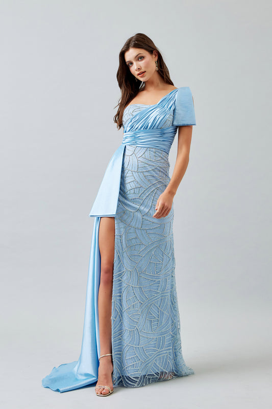 Vestido en Línea Recta  con Un Hombro y Lazo en la Cintura Color Ice Blue.
