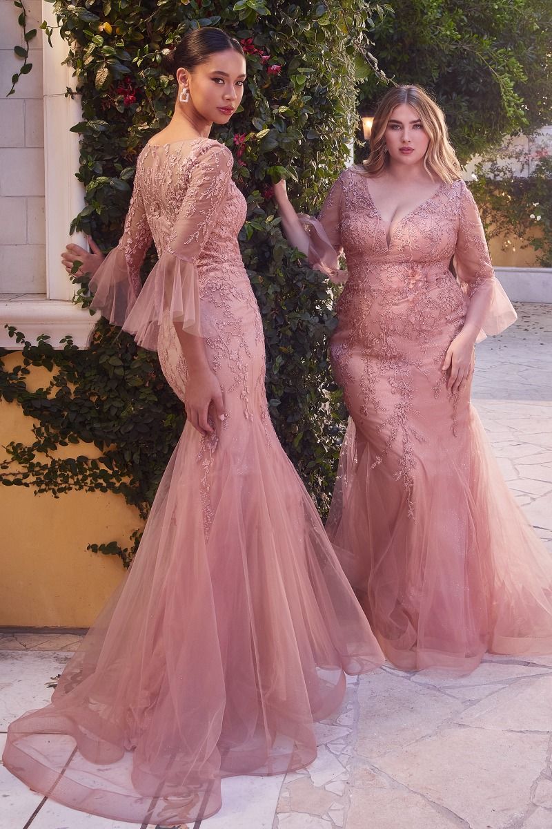 Vestido Corte Sirena de Encaje con manga Trumpeta (Dos Colores)