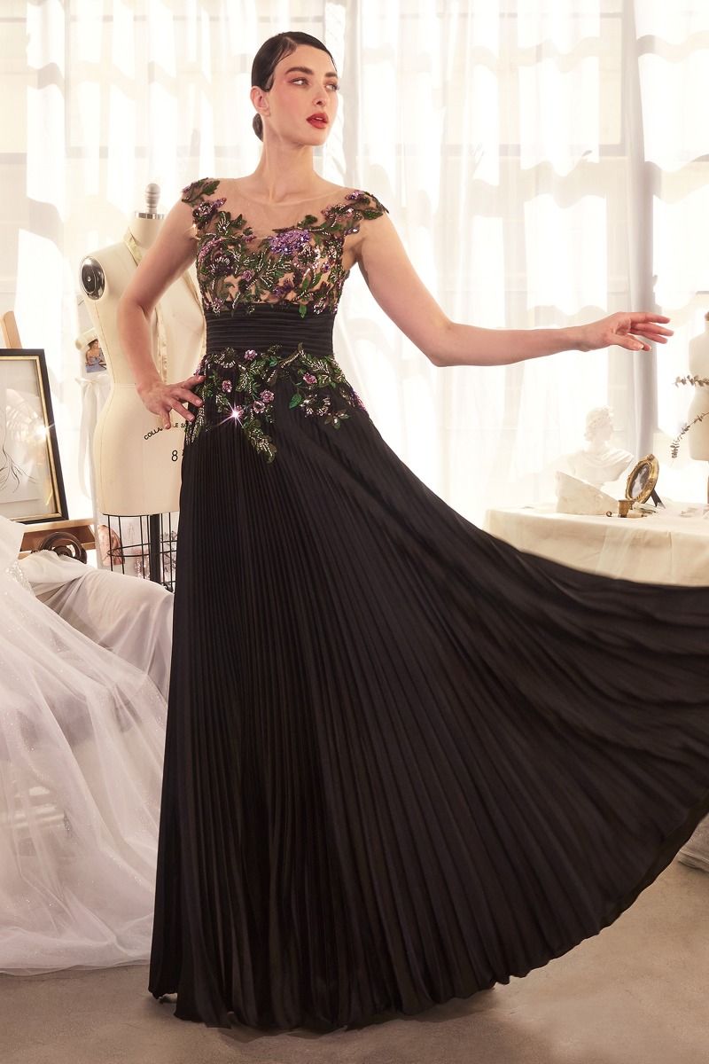 Vestido de Satén Plisado y Adornos Color Navy.