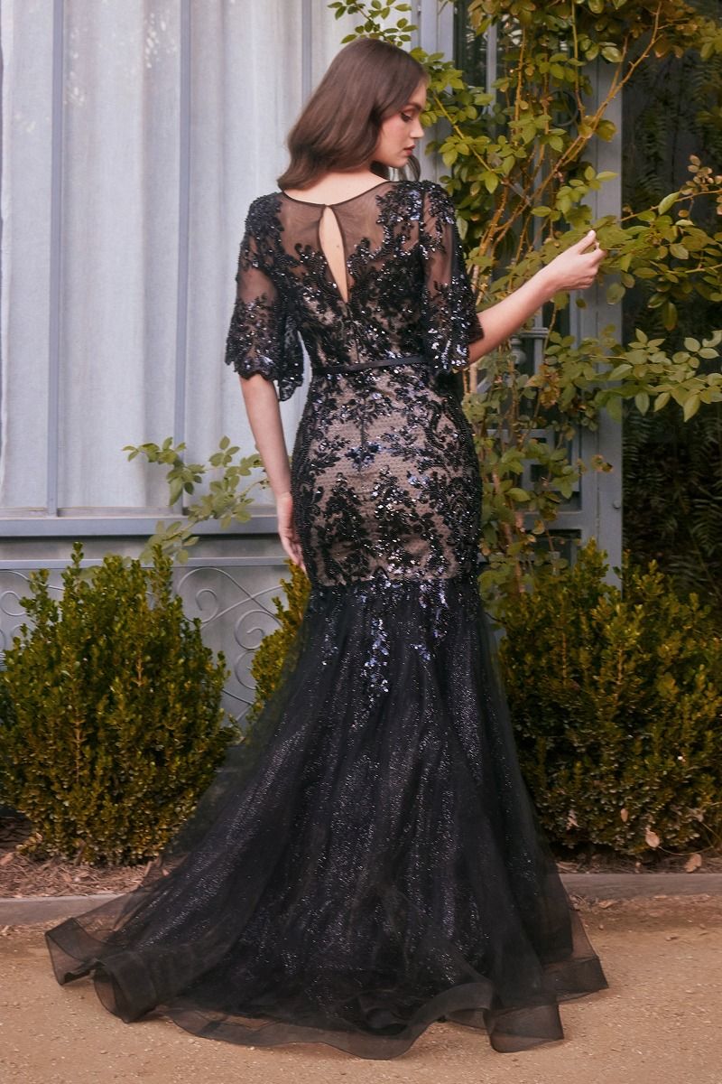 Vestido Corte Sirena Con Motivos Florales y Lentejuelas Color Black-Nude.