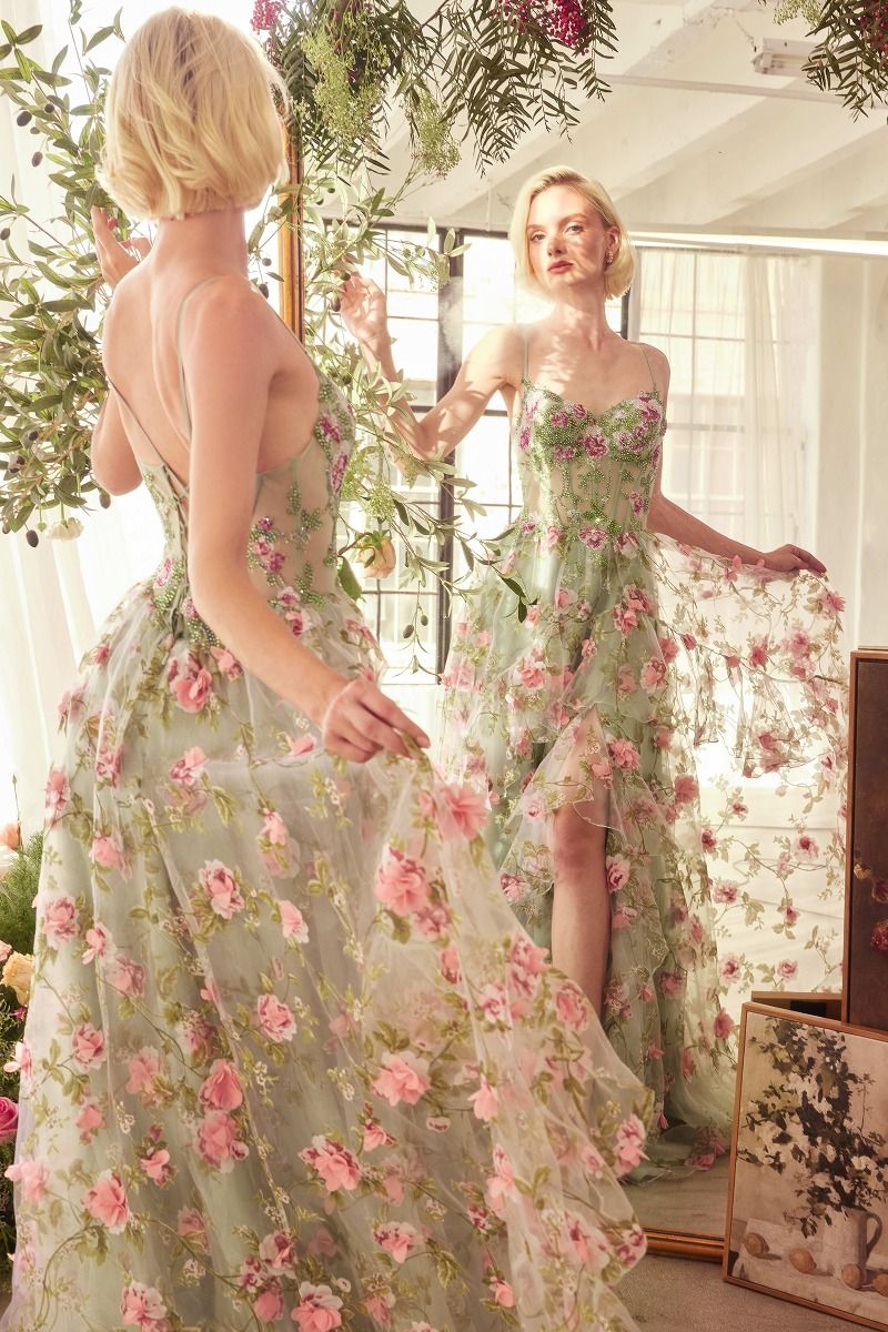 Vestido Línea A a Capas con Estampado Floral Color Sage