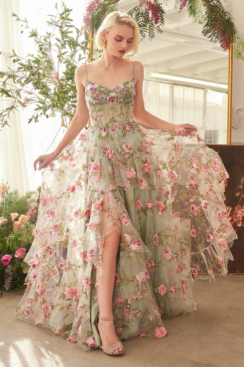 Vestido Línea A a Capas con Estampado Floral Color Sage