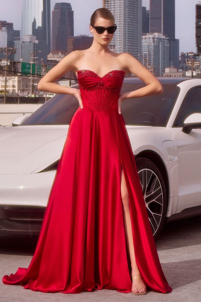 Vestido Línea A de Satén con Cuentas y Tirantes. (Varios Colores)