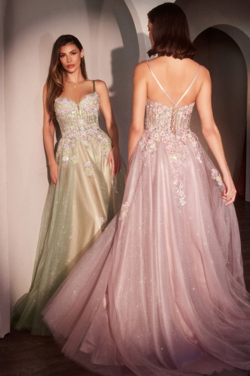 Vestido en A de Tul Con Brillos y Capas Florales (Dos Colores)