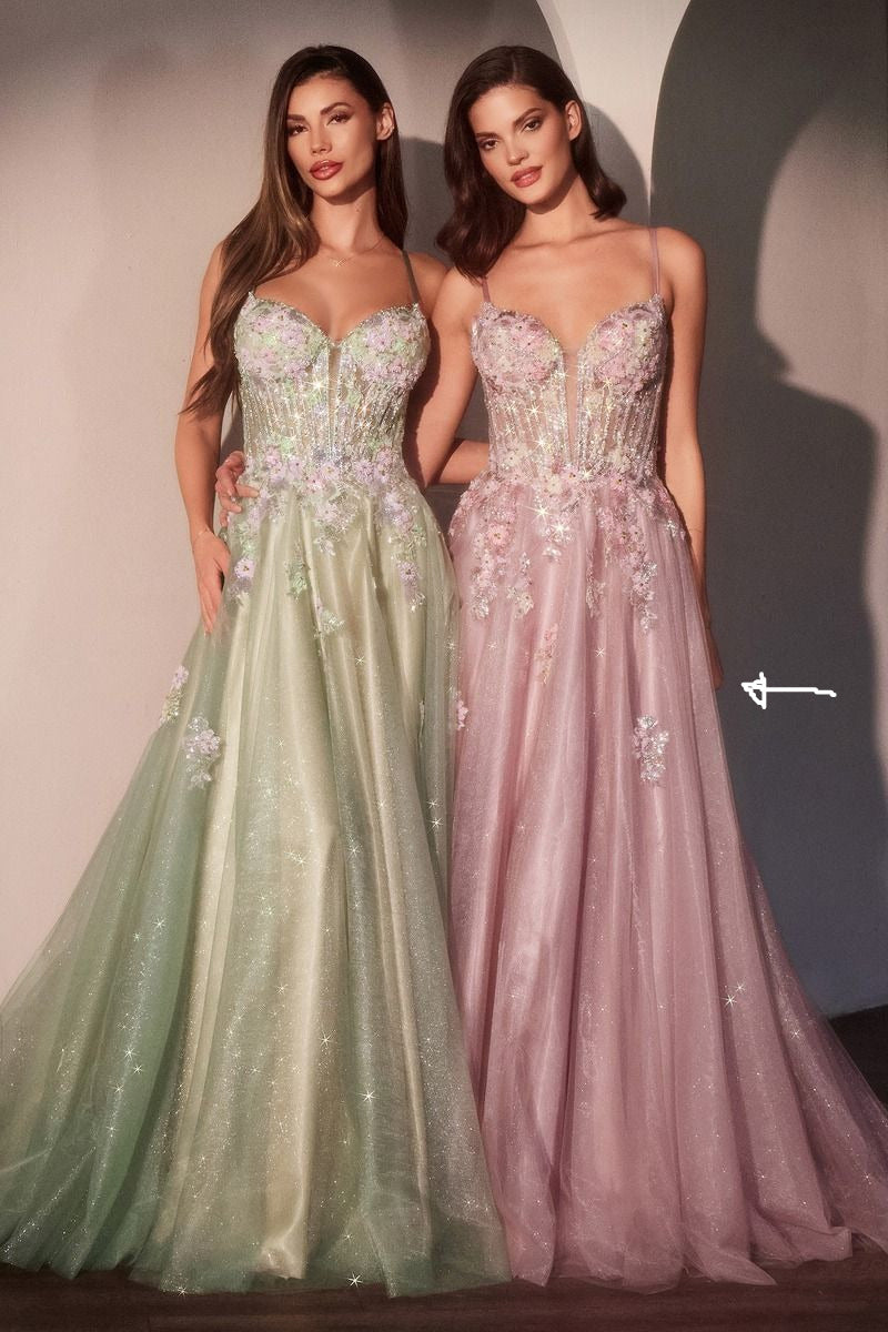Vestido en A de Tul Con Brillos y Capas Florales (Dos Colores)